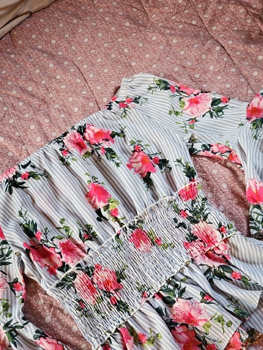 Floral Off-Shoulder Smocked Waist  Top - Light Blue & Pink